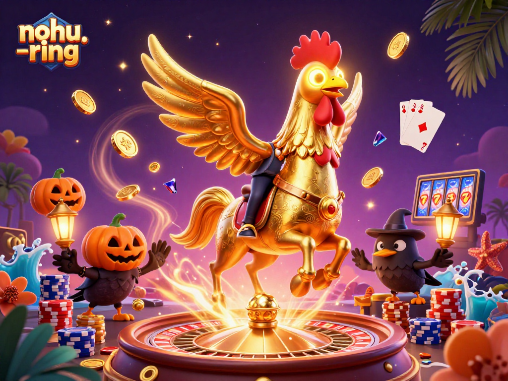 Experience the nohu-ring jackpot glory with a dynamic golden rooster and vibrant casino visuals.