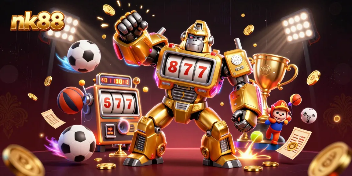 Experience dynamic gaming action with nk88, featuring a golden gorilla mech and sports elements.