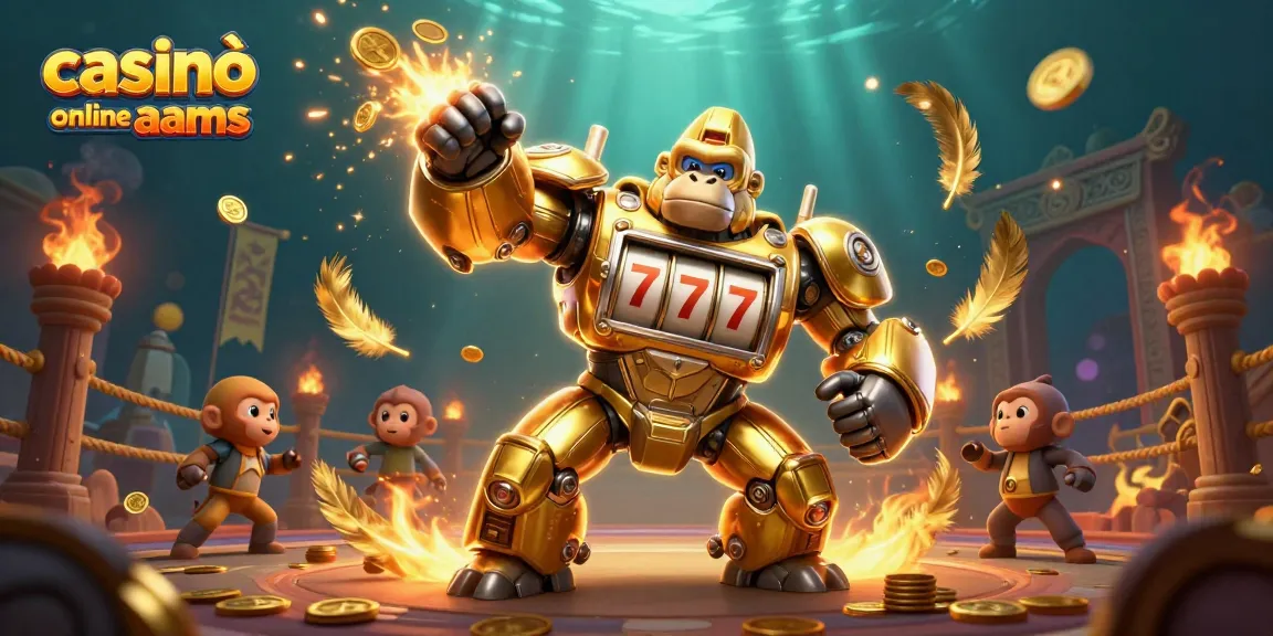 Casinò online non AAMS: illustrazione di un gorilla meccanico d'oro tra slot machine e monete volanti.