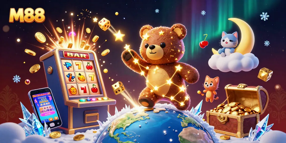 M88 dazzles as a constellation bear scoops coins amidst a whirlwind of jackpot symbols and festive elements.