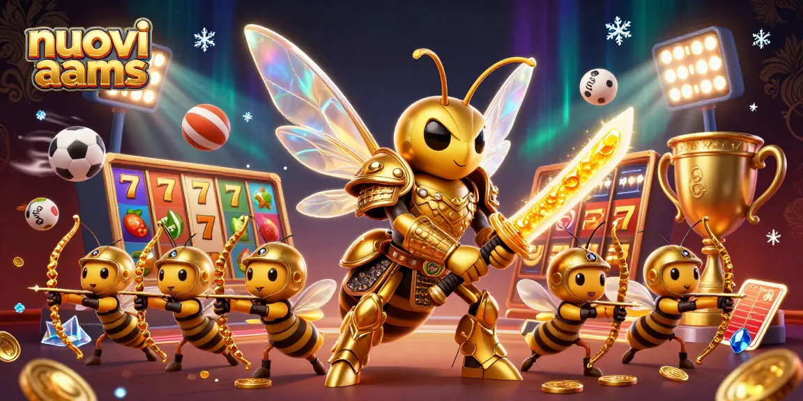 Scopri i nuovi casino AAMS con un'illustrazione dinamica di un'ape guerriera e slot machine colorate.