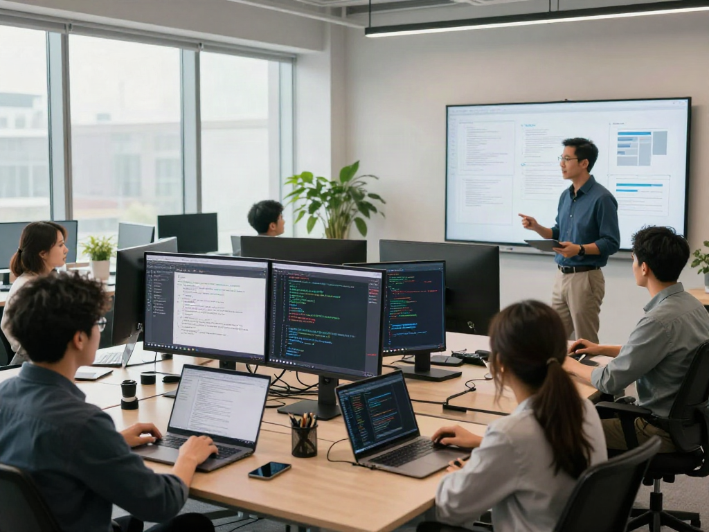 Collaborative workspace for document fraud detection software analysis featuring diverse professionals engaged in discussions.