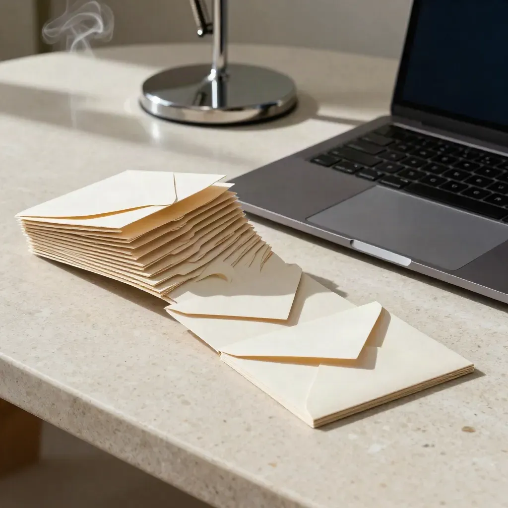 Fanned paper cards, closed laptop and chrome lamp base with steam on travertine.