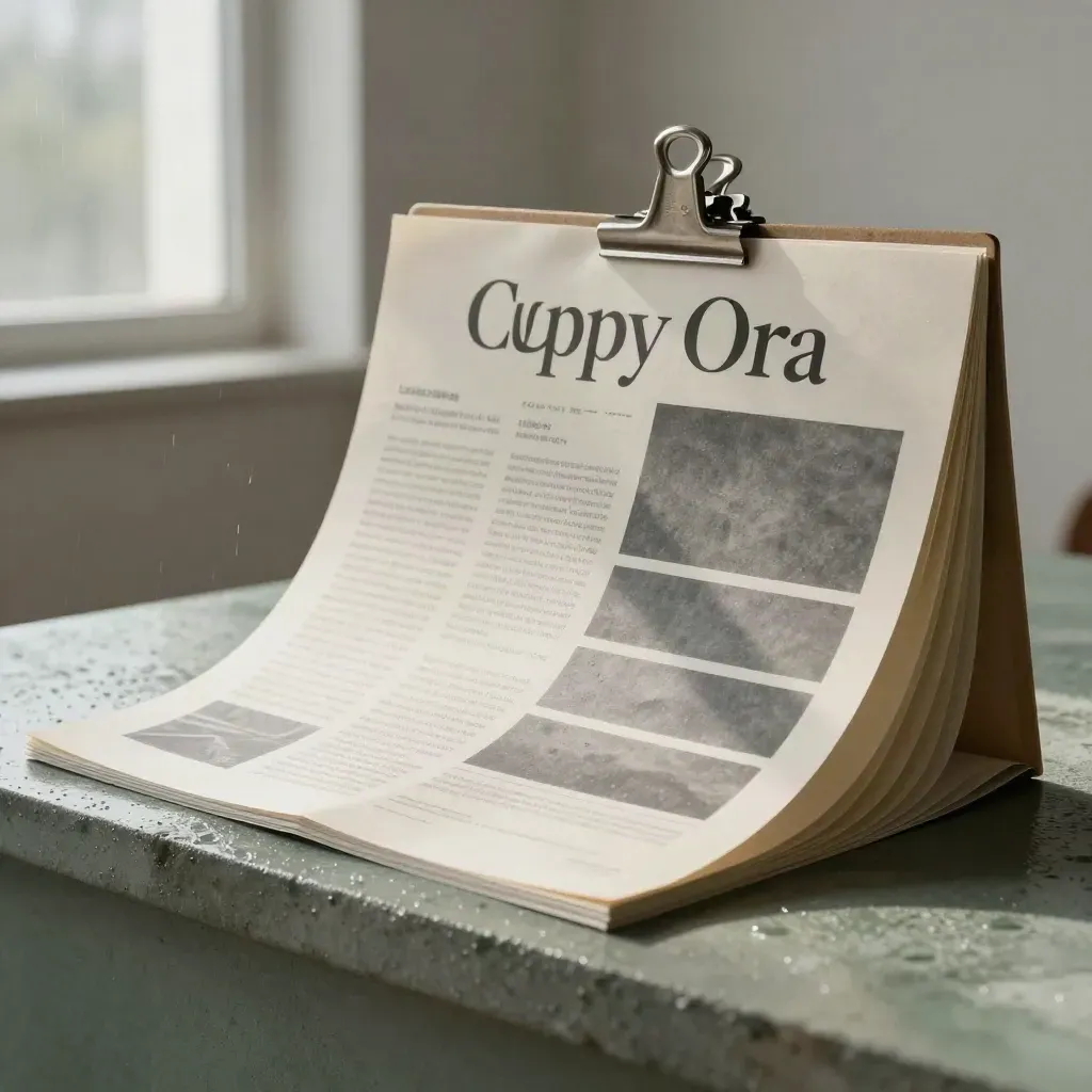 Editorial copywriting campaign board with proof sheets and a metal clamp in rainlit studio.