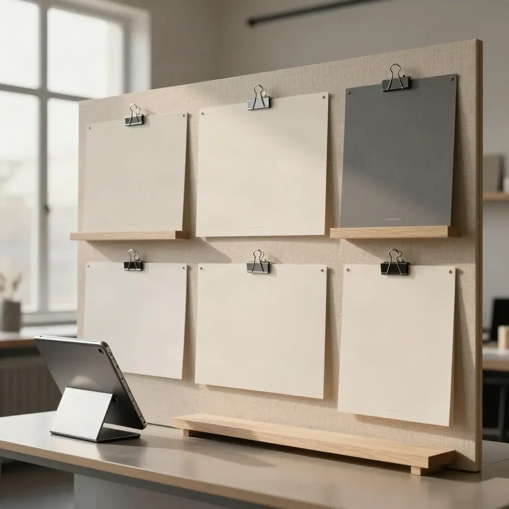 Modern copy studio wall with presentation boards, linen pinboard, and angled tablet in soft daylight.