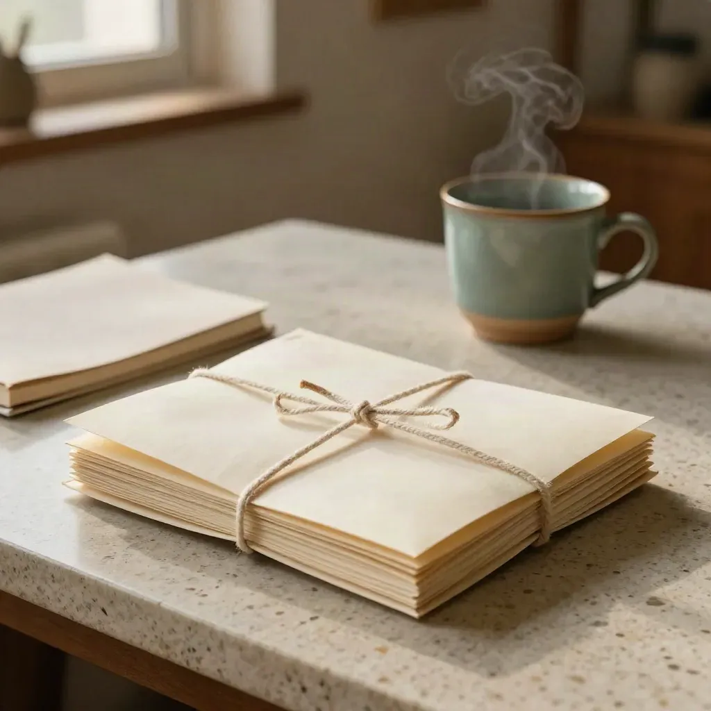 Three tied draft packets, a teal cup, and a pale notebook on a sunlit stone workbench.