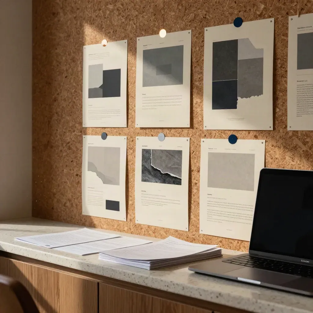 High-angle corner view of audit mockups pinned on a wall beside a closed laptop and notes.
