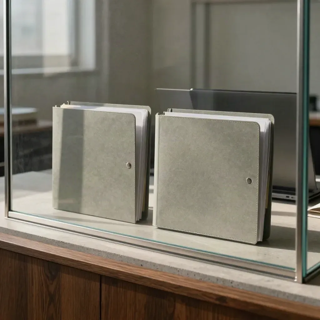 Two neutral folders and proof sets beside a laptop reflection in a glass office nook.