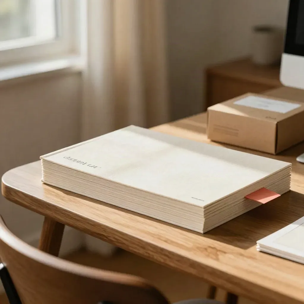 Sunlit launch copy deck, blank email cards and packaging samples on a bright oak desk.