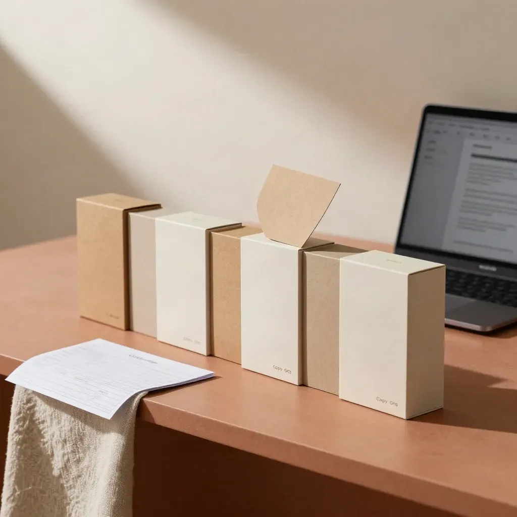 Product boxes, sample swatches, checklist board, and angled laptop on a terracotta counter.