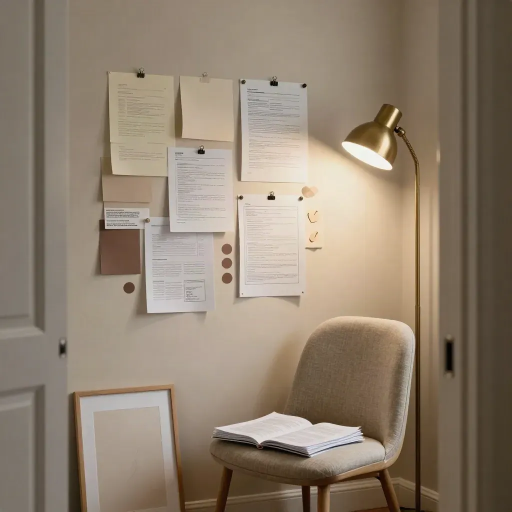 Copywriter office corner with mood board, worn notebook, blank art print and chair in warm lamplight.