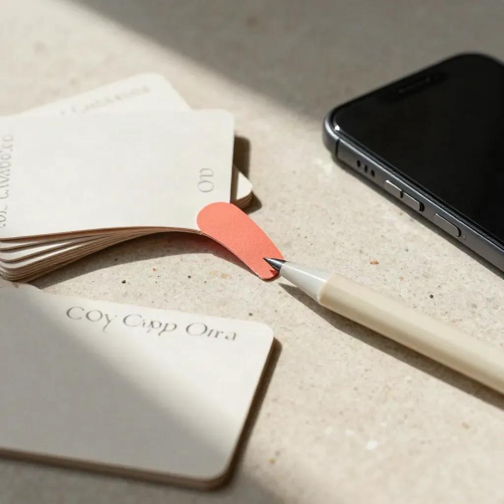 Top-down concept cards, turned phone, and pen on a limestone desk.