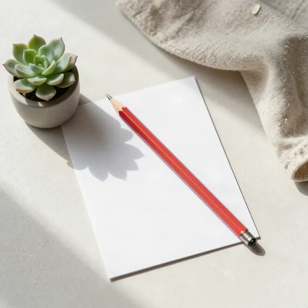 Overhead flatlay of correction pencil, succulent, and folded linen on pale plaster
