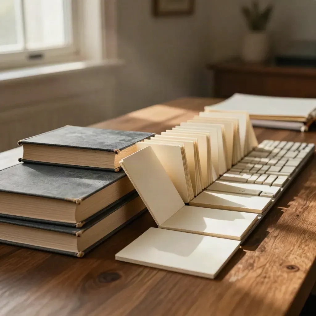 Research books, keyboard, and blank article cards lined across a warm table in window light.