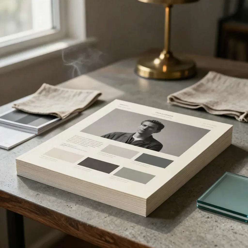 Cozy studio corner with layered website mockups, proof cards, linen swatch, and warm window light.