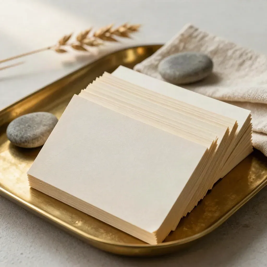Stacked ivory index cards on a brass tray with stone, linen and dried stem under soft daylight