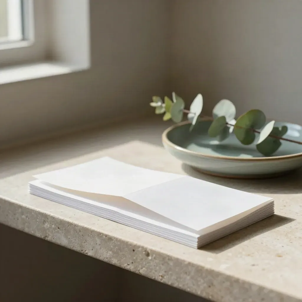 Folded email slips, ceramic dish and eucalyptus on a stone shelf.
