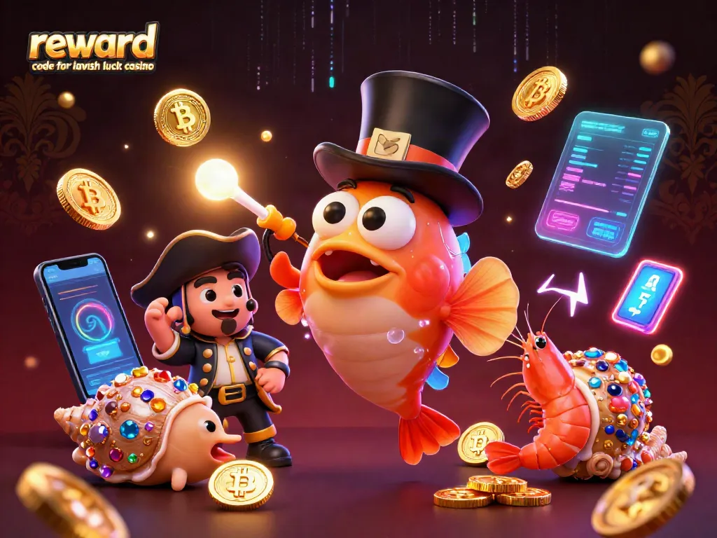 Claim bonuses with the reward code for lavish luck casino as the anglerfish attracts coins at a vibrant scene.