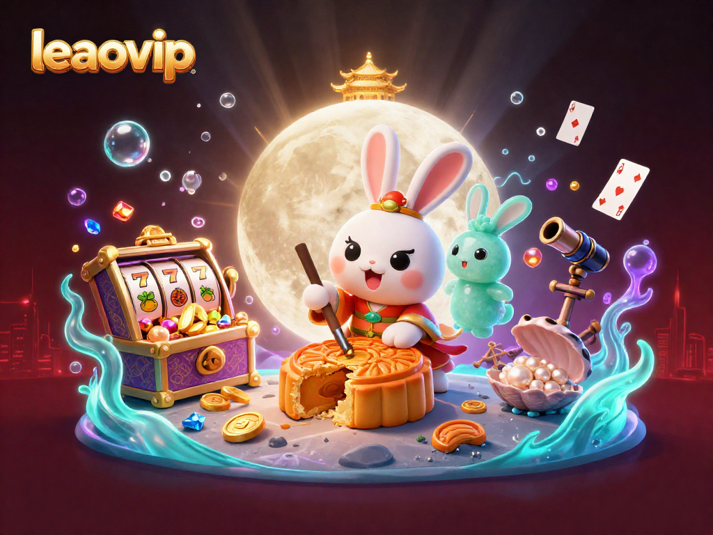 Engage with leaovip's modern platform showcased through an artistic moon rabbit scene bursting with vibrant casino elements.