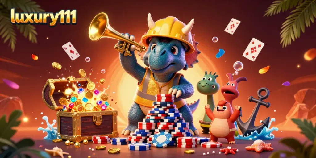 Join the excitement with luxury111 as our cartoon characters celebrate amidst casino elements and vibrant treasures!