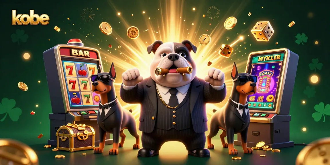 Kobe-themed illustration of a mafia bulldog and Doberman guards with slot machine chaos, vibrant casino scene.