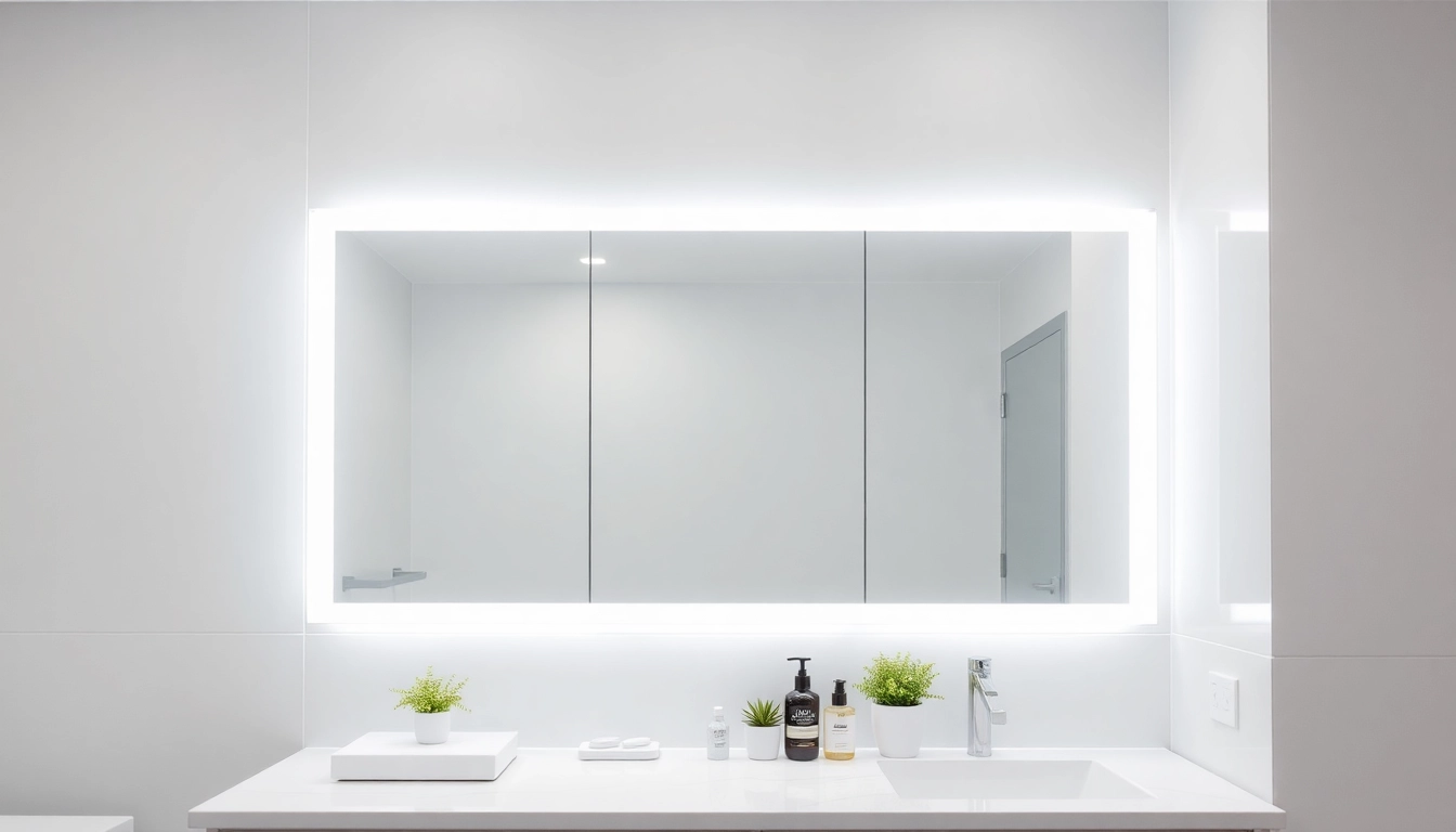 Spiegelschrank Bad mit Beleuchtung in modernem Badezimmer, elegant und funktional gestaltet.
