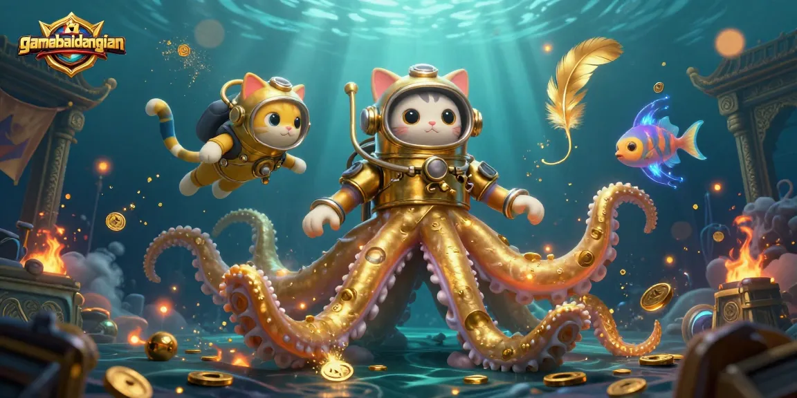 Engage with gamebaidangian in an illustrated underwater scene featuring a colossal kraken and a vintage diving cat surrounded by tokens and prizes.