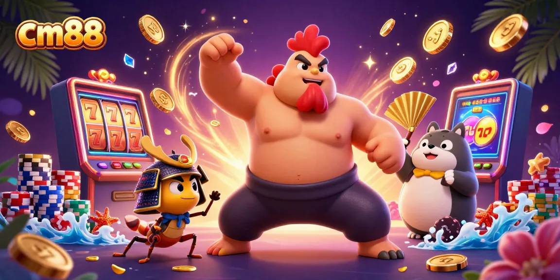 Experience the excitement of cm88 with animated characters and slot machines featuring lucky sevens in a lively casino scene.
