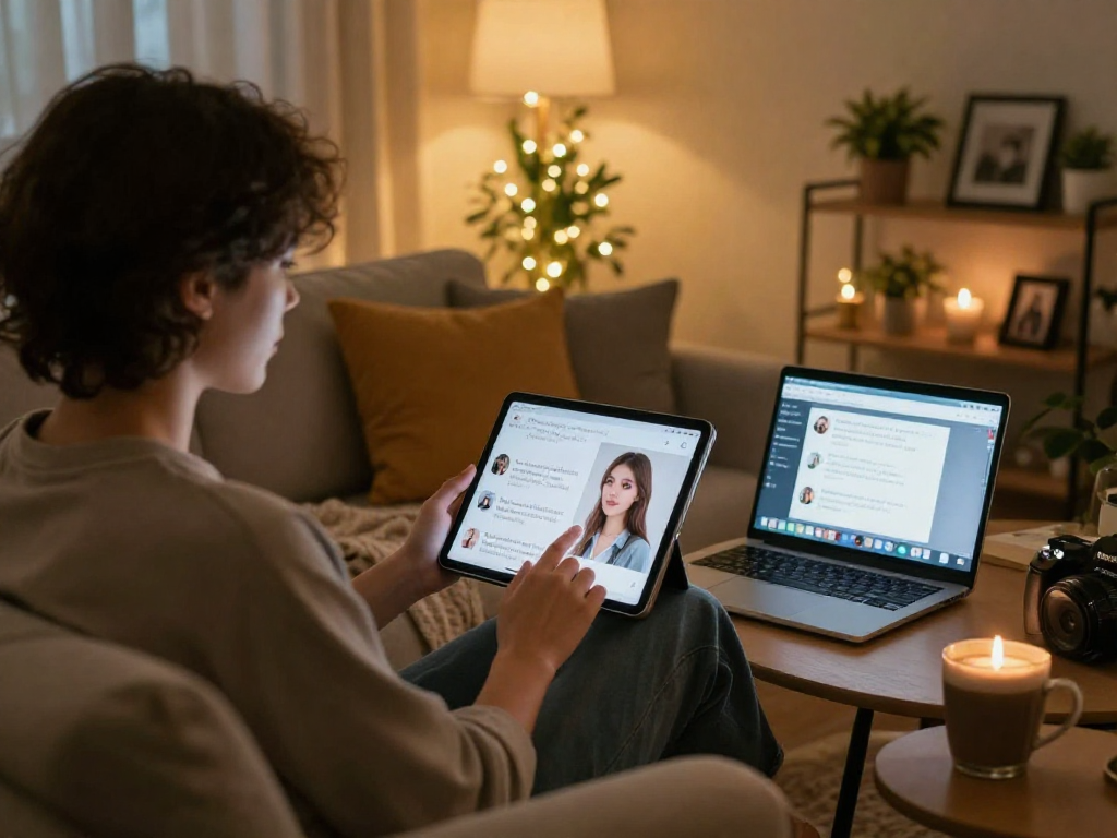 NSFW AI girlfriend engaging in a cozy living room setup with a tablet and warm ambient lighting.