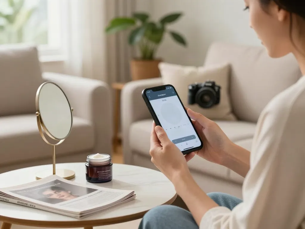 Exploring Alternatives to QOVES in a cozy living space using a beauty app.