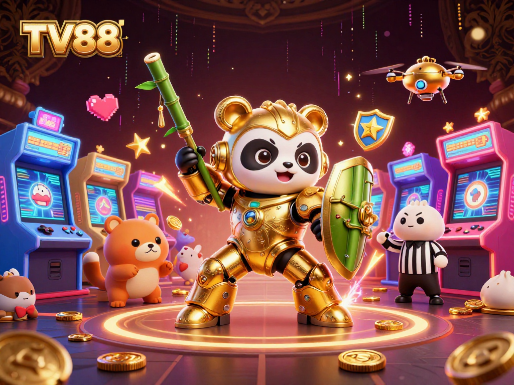Experience thrills at TV88 with a golden panda robot gaming amidst colorful casino elements.