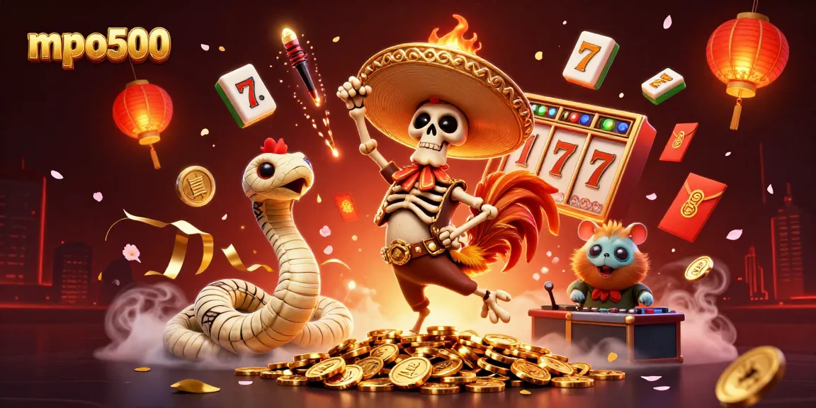 Celebrate wins with mpo500, showcasing vibrant gaming action featuring lucky symbols and festive characters.