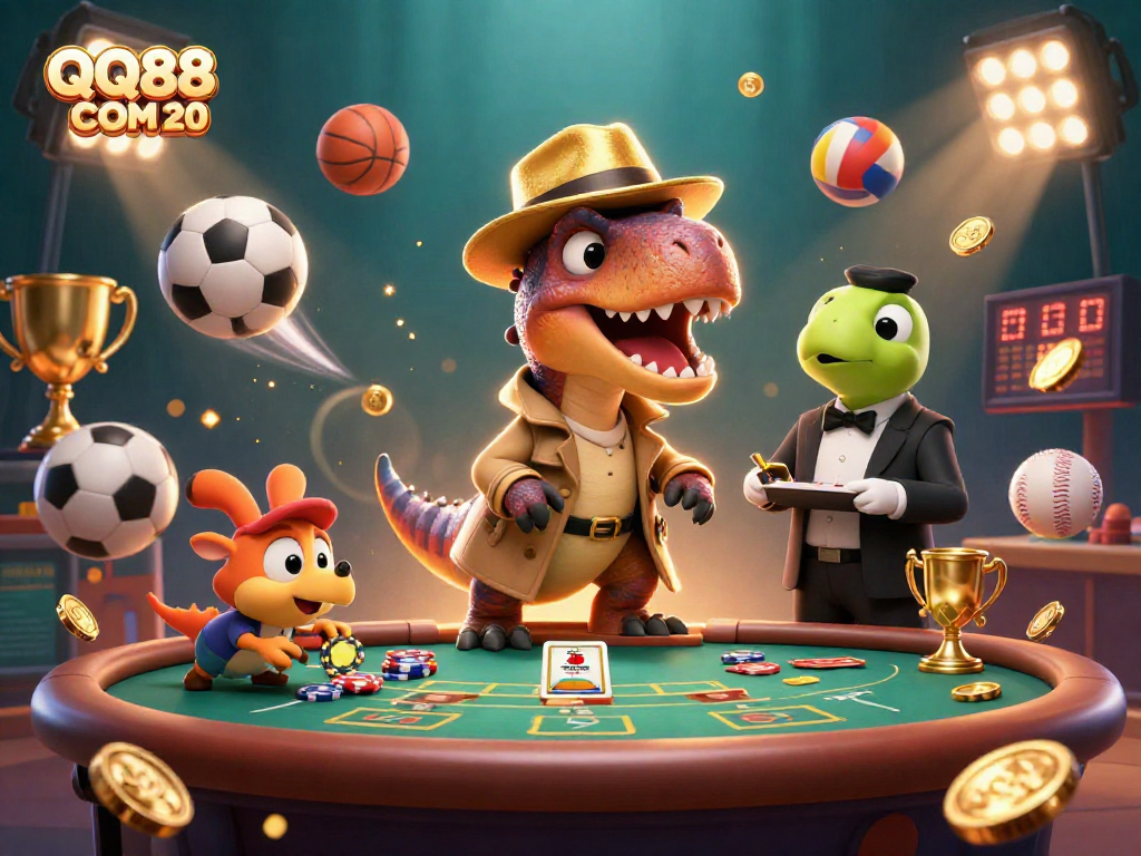 Experience thrilling games at QQ88 COM 20 with a 3D velociraptor card counter amidst dynamic casino elements.
