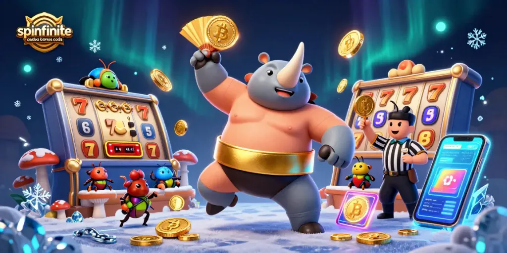 Experience the excitement of Spinfinite Casino bonus code with golden coins, slots, and vibrant characters!