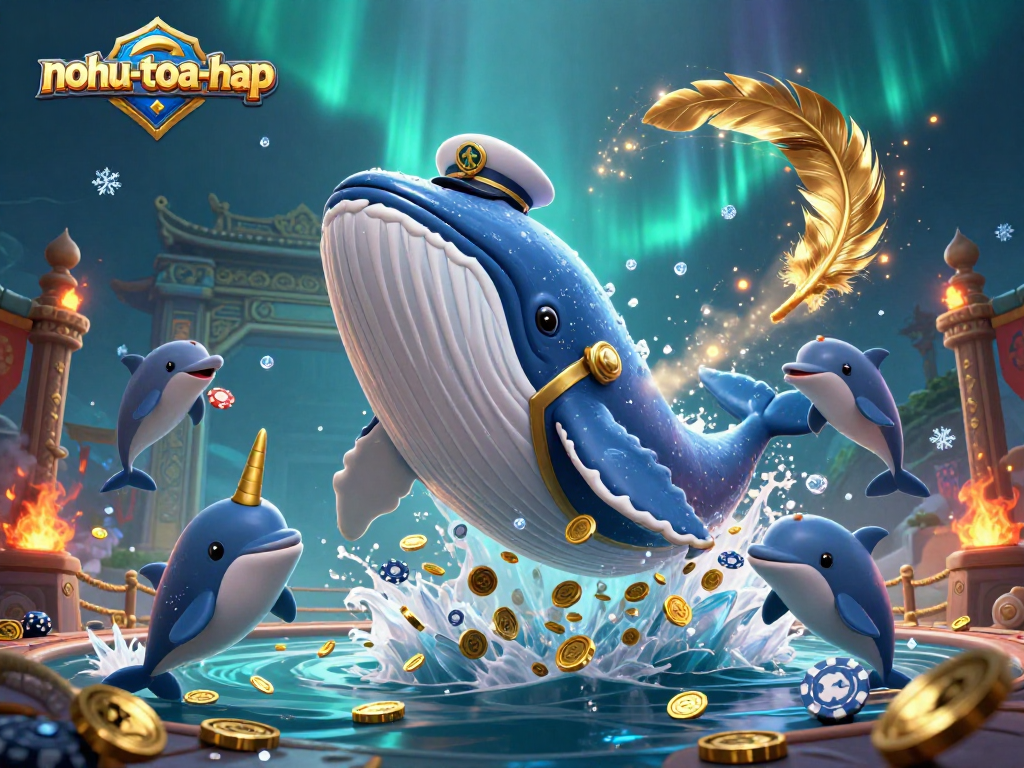 Win big with nohu-toa-thap in this dynamic 3D casino-themed illustration of a whale breaching coins.