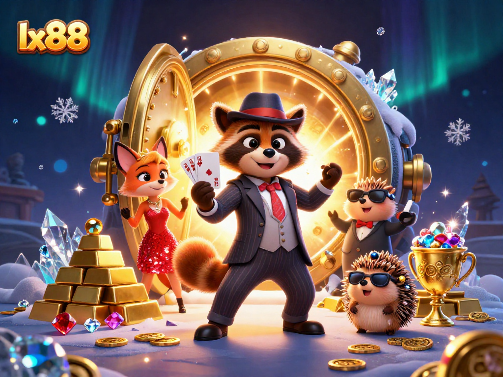 Experience the thrill of lx88 casino games with a suave raccoon, elegant fox, and bouncer in an intriguing, vibrant scene.