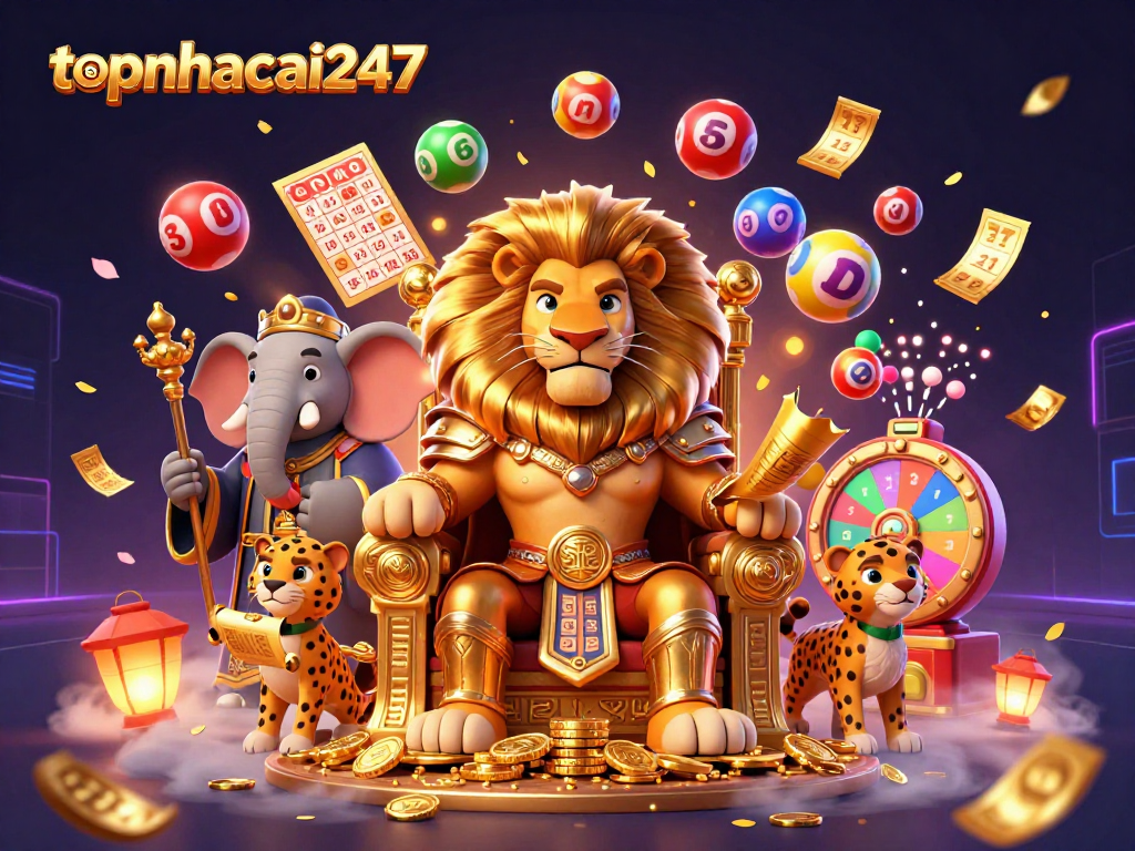 Experience thrilling gameplay at topnhacai247 with a vibrant lion king, wise elephant, and quick cheetah amidst dynamic casino elements.
