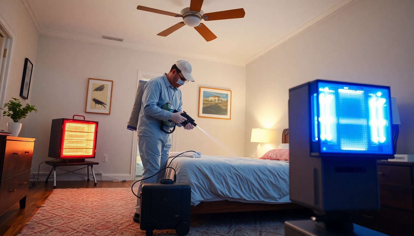 Exterminator performing bed bug heat treatment using specialized equipment in a home.