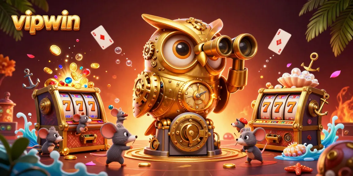 Engage with vipwin's vibrant casino atmosphere illustrated through an owl overlooking dynamic gaming elements.