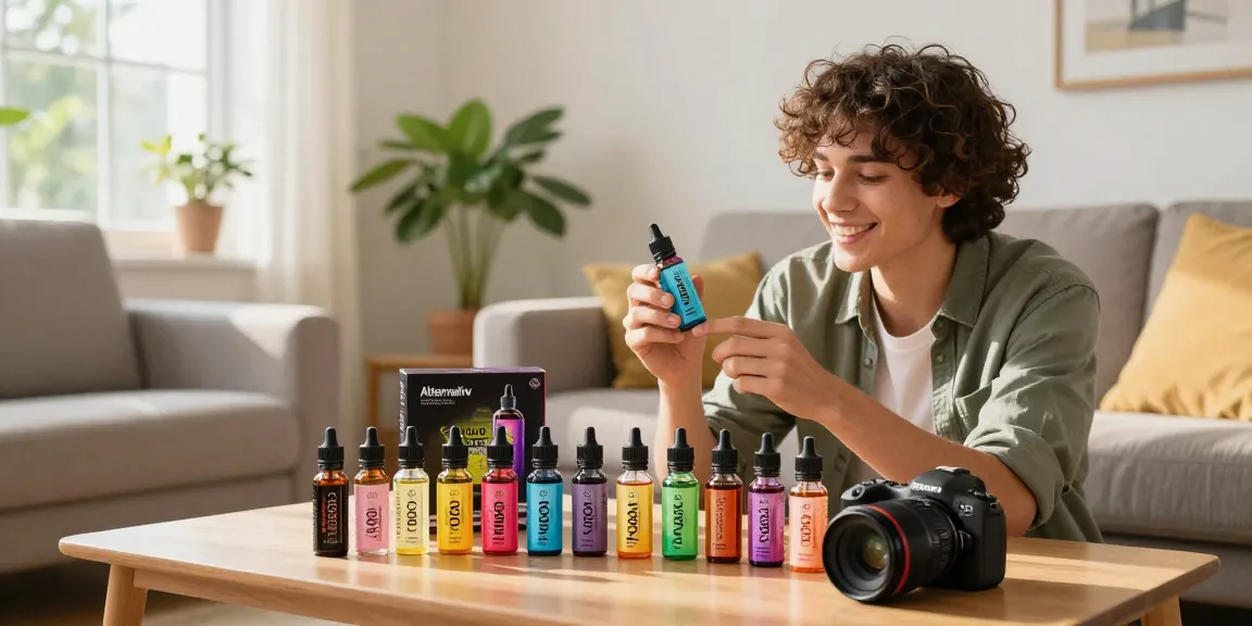 Enjoying an alternativ e-liquid bundle in a cozy living room with vibrant vape juice bottles.