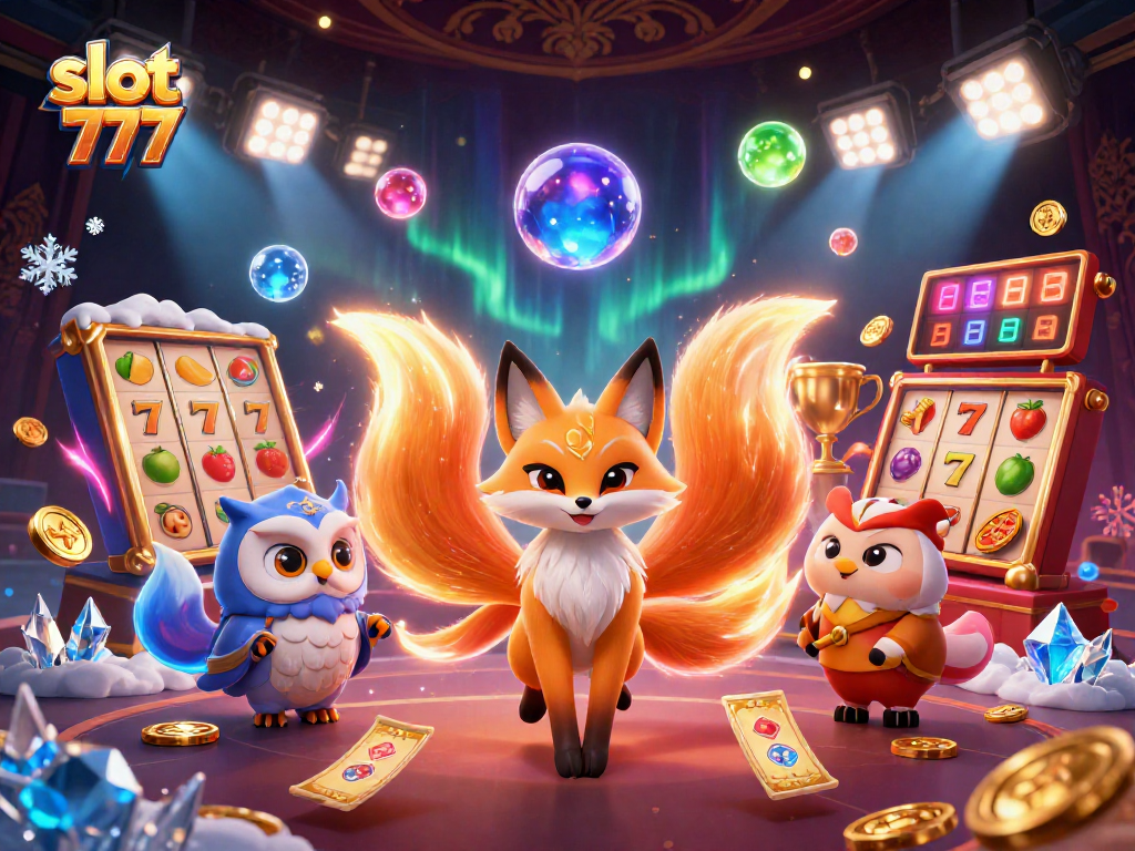 Experience the excitement of slot 777 gaming in a vibrant 3D illustration with dynamic characters and elements.