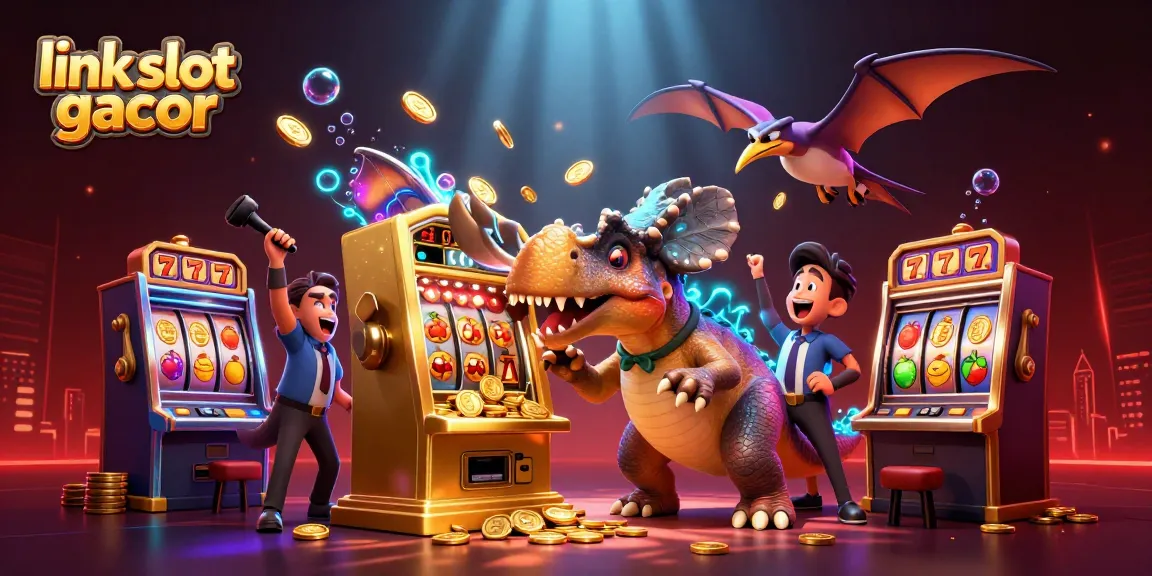 Mengalami jackpot dengan link slot gacor, saat dinosaur pachycephalosaurus menyeruduk mesin slot emas, lingkungan kasino ceria.
