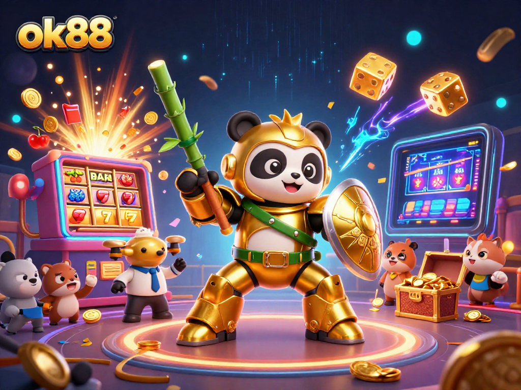 Engage in exciting gameplay at ok88 with a vibrant casino scene featuring a golden panda in action.