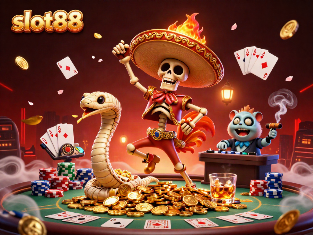 Engage with slot88 excitement in a vibrant 3D illustration featuring festive characters and casino elements.