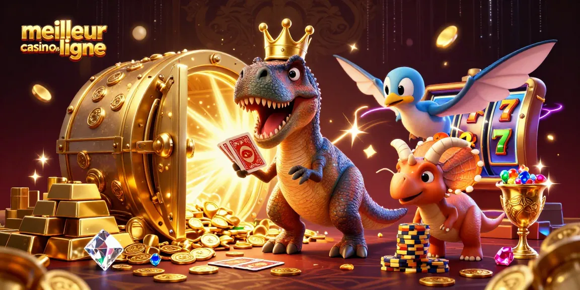 Découvrez le meilleur casino en ligne avec un T-Rex jouant aux cartes tout en nageant dans des trésors d'or.