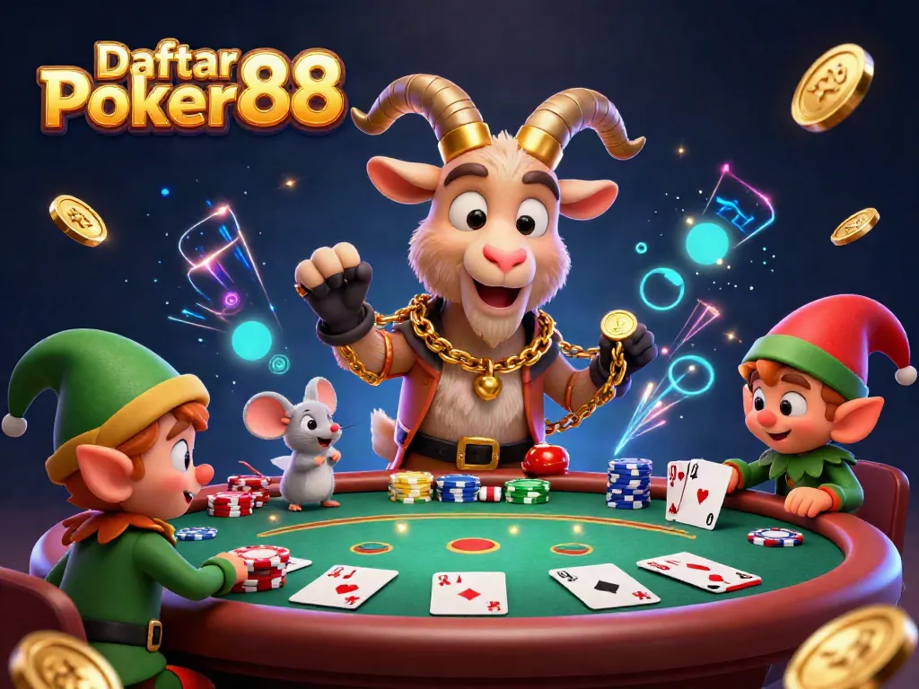 Daftar Poker88 showcases a chaotic poker scene with lively characters like Krampus and elf gremlins stealing chips.