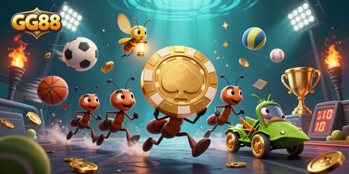 Engage in thrilling action at GG88 as cartoon ants carry golden poker chips among dynamic sports elements.