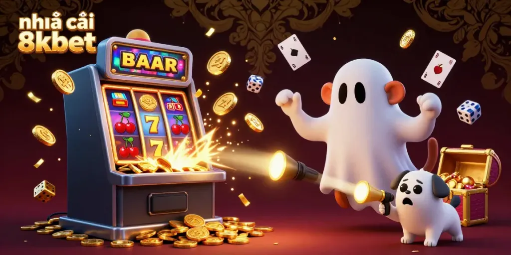 Experience the excitement at nhà cái 8kbet with the haunted casino's poltergeist monkey juggling gold coins and cards.