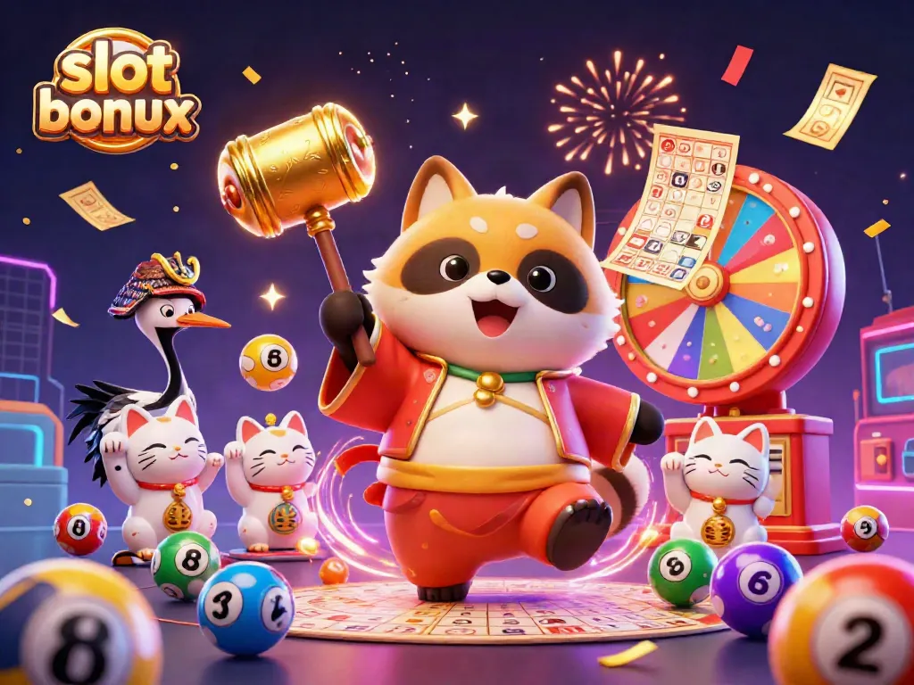 Experience the excitement of slot bonus games with vibrant characters and dynamic elements in this festive 3D illustration.