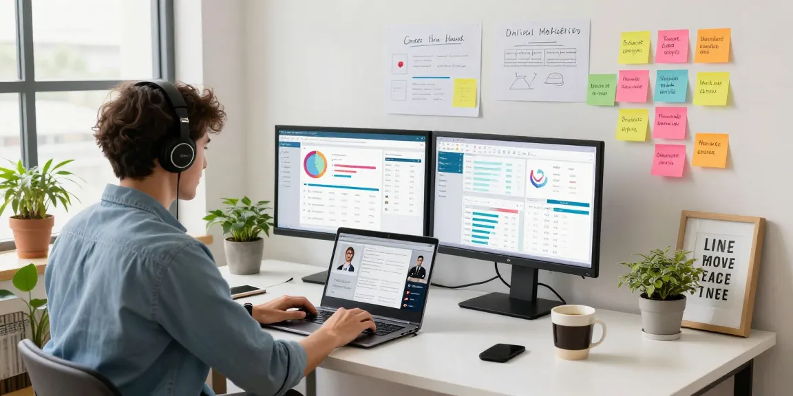 Marketing strategist analyzing analytics dashboards for 456bd strategies in a vibrant workspace.